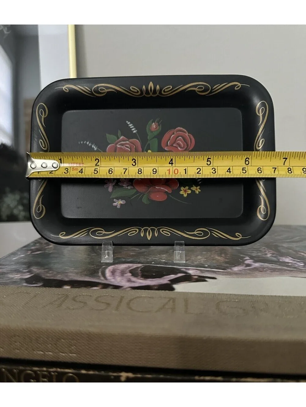 Vintage Black Metal Rectangular Hand Painted Red Roses Floral Tray 7”x4.5”
